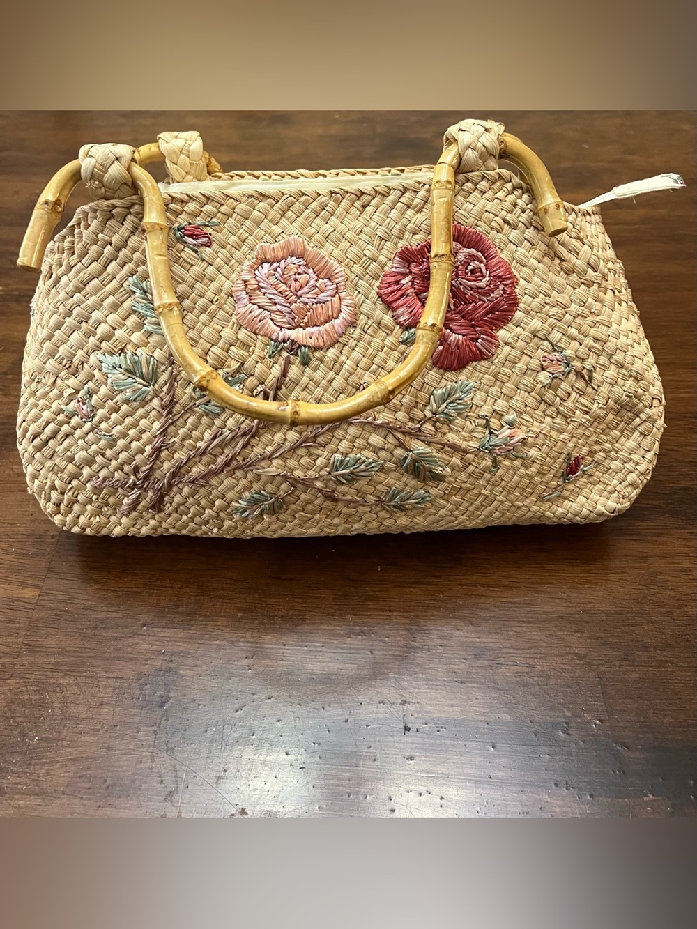 Vintage Cappelli Straworld Floral Embroidered Straw Bamboo Handles Cottagecore